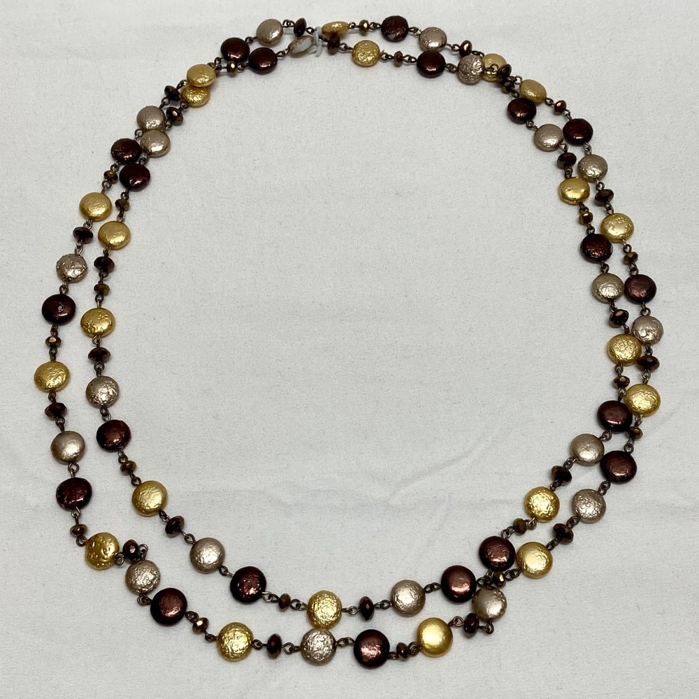Vintage Double Strand Neclace Brown Beige Gold Acrylic Beaded Fashion Statement